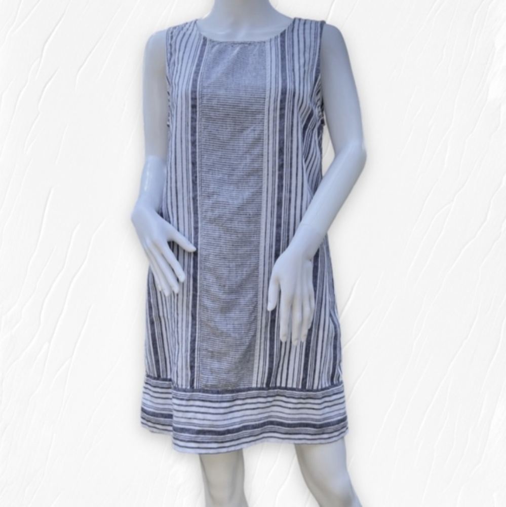 Kenar Sleeveless Lightweight Striped Shift Dress Blue & White 100% Linen- 6